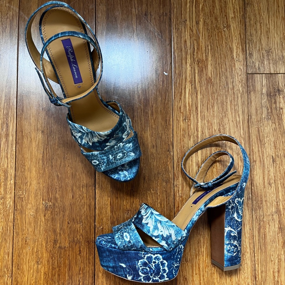 Ralph Lauren Printed Denim Floral Strappy Platform Open Toe Sandal